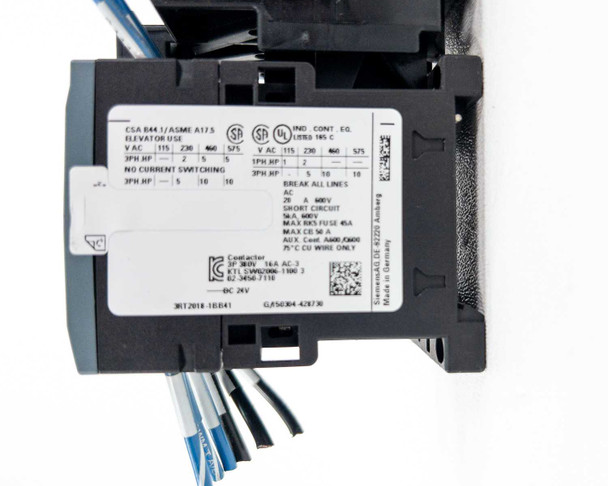 Siemens 3RT2018-1BB41 contactor side label — shows CSA/UL ratings, DC 24V coil, 3-phase HP ratings, and model number
