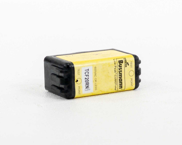 Cooper Bussmann TCF20RN Low-Peak CUBEFuse — angled top/side view showing yellow body and model label