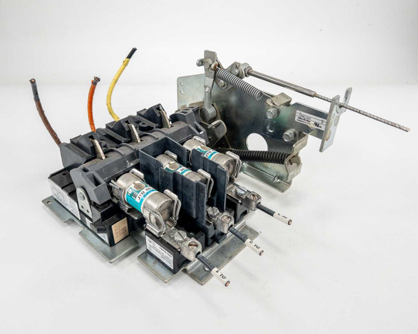 Allen Bradley 1494F-D60 disconnect switch assembly with 1494V-FS60 fuse block and three JTD 40 ID fuses — front-left angle view showing full assembly