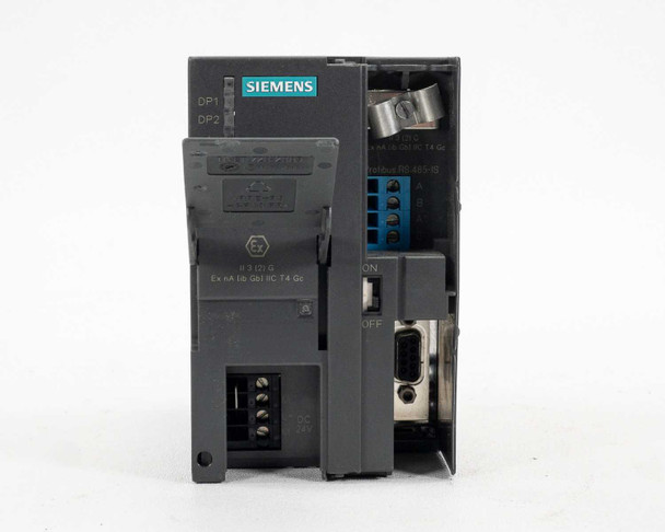 Siemens 6ES7972-0AC80-0XA0 RS485-IS Coupler — front face close-up showing DP1/DP2 LEDs, ATEX marking, blue terminal connectors, and DB9 interface