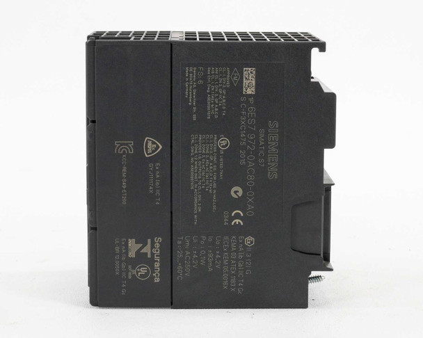 Siemens 6ES7972-0AC80-0XA0 RS485-IS Coupler — right side view showing additional rating label with certifications and serial/date code markings