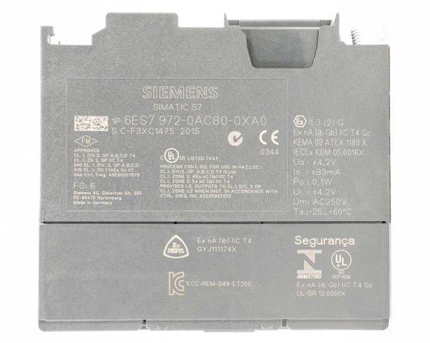Siemens 6ES7972-0AC80-0XA0 rating plate — part number, FM/UL/CE/ATEX/IECEx certifications, Uo 4.2V, Io 93mA, Po 0.1W, Ui 4.2V, Um AC250V, Ta -25 to +60°C