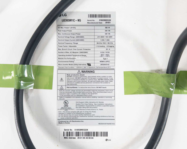 LG LG365M1C-N5 rating plate label showing DC power 365W, AC output 320VA, voltage range, frequency, and LM036HI-A2 microinverter model