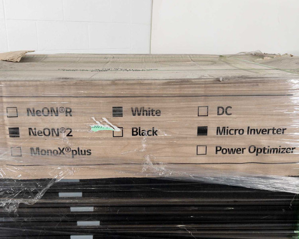 Close-up of LG original packaging box label showing NeON 2 and Micro Inverter options checked, Black frame selected
