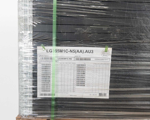 LG365M1C-N5(AA).AU3 pallet quality control sheet affixed to shrink wrap showing model LG365M1C-N5 and individual panel barcodes