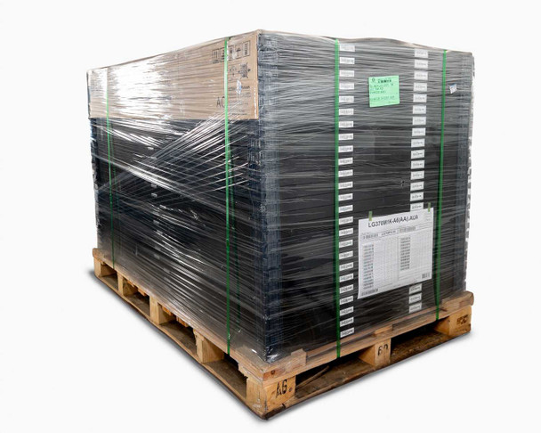 Full pallet of LG LG370M1K-A6 NeON 2 Black solar panels shrink-wrapped on wooden pallet, angled view showing panel edges stacked, pallet spec label visible on side