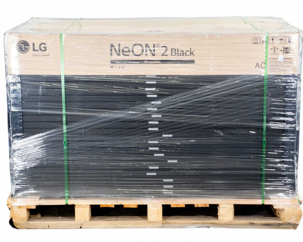 Side-angled view of shrink-wrapped pallet of LG NeON 2 Black PV modules showing LG logo and NeON 2 Black AC branding on cardboard edge label
