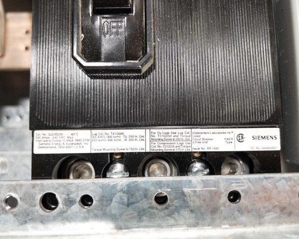 QJ23B200 200A branch breaker label closeup – additional view showing lug torque specifications and conductor ratings