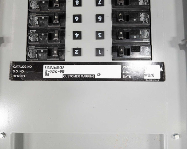 Siemens S1C42JX400CBS catalog label showing catalog number S1C42JX400CBS, S.O. No. 60-36555-B00, Item No. 180, Date 10/29/98