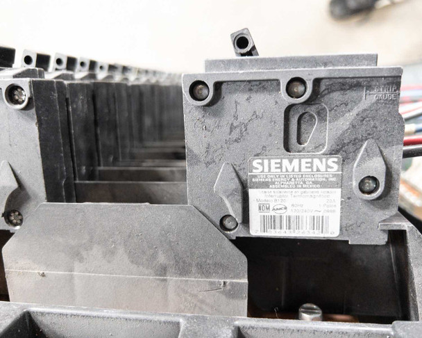 Siemens B120 branch circuit breaker removed from panel showing back and label detail