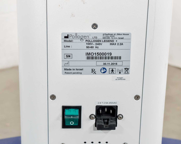 Pollogen Legend+ rear panel rating label – Model POLLOGEN LEGEND+, 100-240V, 2.2A Max, 50-60Hz, SN IMO1500019, Made in Israel, mfg 30.11.2015, with IEC power inlet and rocker switch