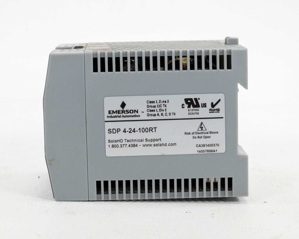 Sola HD SDP 4-24-100RT – right side panel showing Emerson Industrial Automation label, Class I Div 2 hazardous location rating, SolaHD technical support info, and CA381400370 date code