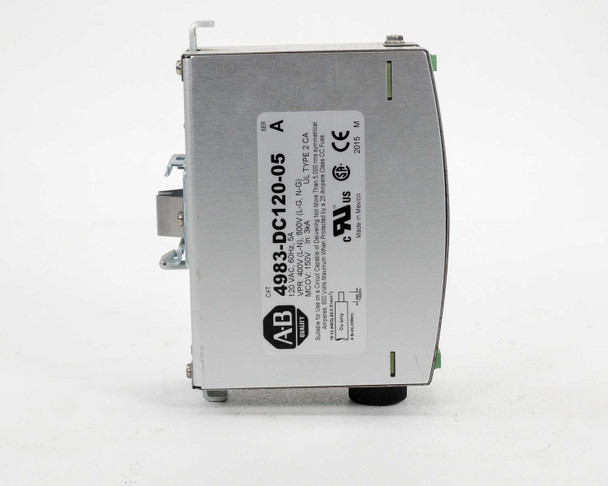 Allen Bradley 4983-DC120-05 surge protector — right side view showing rating label, Series A marking, UL/CSA logos, and 2015 date code
