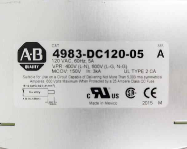 Allen Bradley 4983-DC120-05 rating plate label — 120VAC 60Hz 5A, VPR 400V L-N 600V L-G N-G, MCOV 150V, In 3kA, UL Type 2 CA, Made in Mexico 2015, Series A