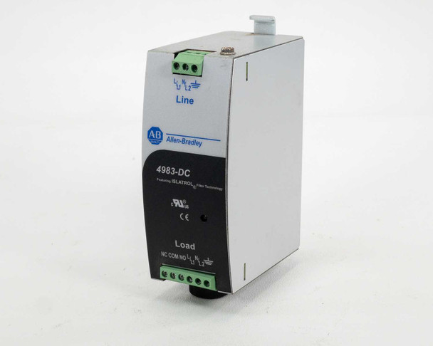 Allen Bradley 4983-DC120-05 surge protector — three-quarter front view showing full unit with Line terminals at top, Load and NC/COM/NO relay terminals at bottom