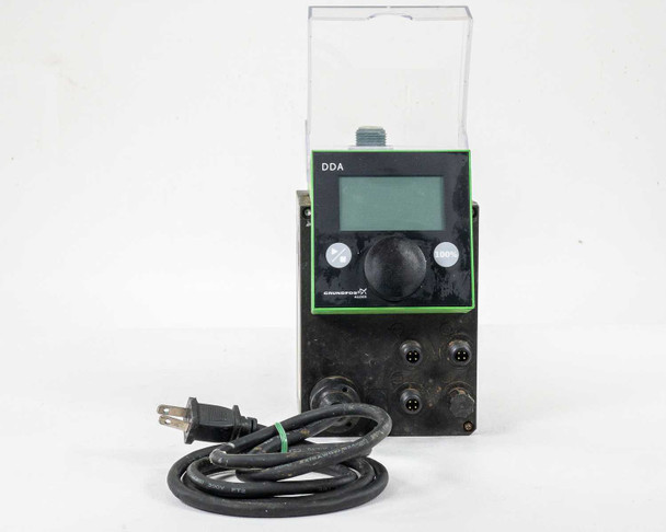 Grundfos Alldos DDA 12-10 dosing pump – front view with clear protective cover over LCD display and control panel, power cord coiled at base