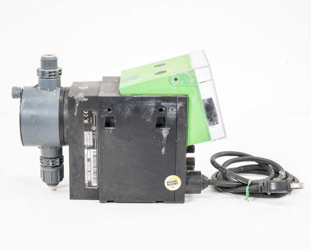 Grundfos Alldos DDA 12-10 dosing pump – right rear three-quarter view showing Digital Dosing label sticker, green back panel, and liquid end fittings