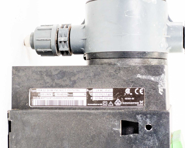 Grundfos Alldos DDA 12-10 dosing pump – close-up of rating plate showing Type DDA 12-10 AR-PVC/V/C-F-31U7U7BG, 100-240V 50/60Hz, 24W, IP65, NEMA 4X, CE and UL markings