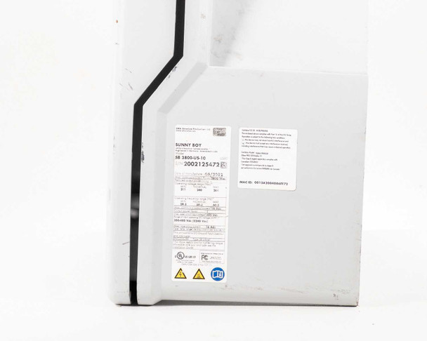 SMA Sunny Boy SB 3800-US-10 — rear panel with model/serial number label showing model SB 3800-US-10, serial 2002125473, manufacture date 06/2012, UL and FCC marks