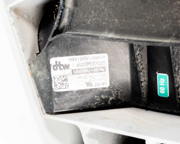SMA Sunny Boy SB 3800-US-10 — close-up of DTW transformer label reading 168V / 240V / 4000VA, part number 4000PTB1775, UL mark, and 60 Hz green sticker