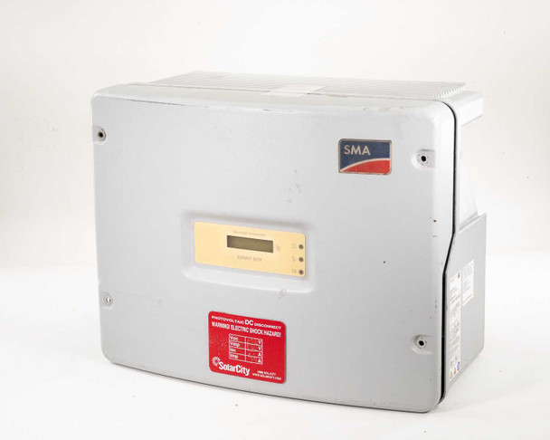 SMA Sunny Boy SB 3800-US-10 solar inverter — front view showing LCD display, SMA logo, and SolarCity DC disconnect warning label