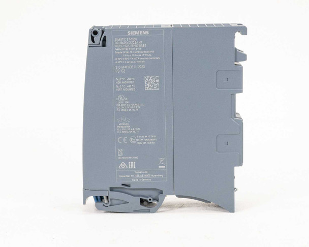 Siemens 6ES7522-1BH01-0AB0 S7-1500 Digital Output Module — right side label view showing full specifications, part number, ratings, and Made in Germany marking