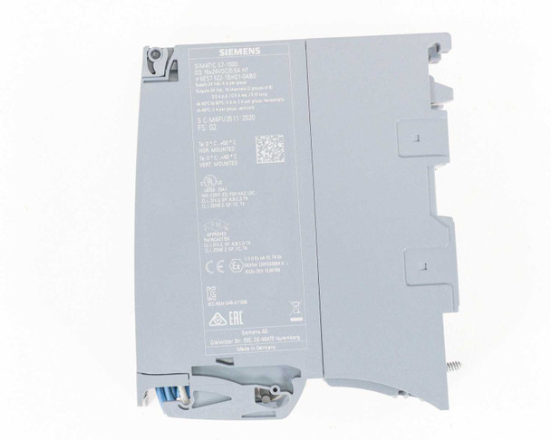 Siemens 6ES7522-1BH01-0AB0 S7-1500 Digital Output Module — rear label view showing specifications, EAC marking, UL listing, and regulatory data
