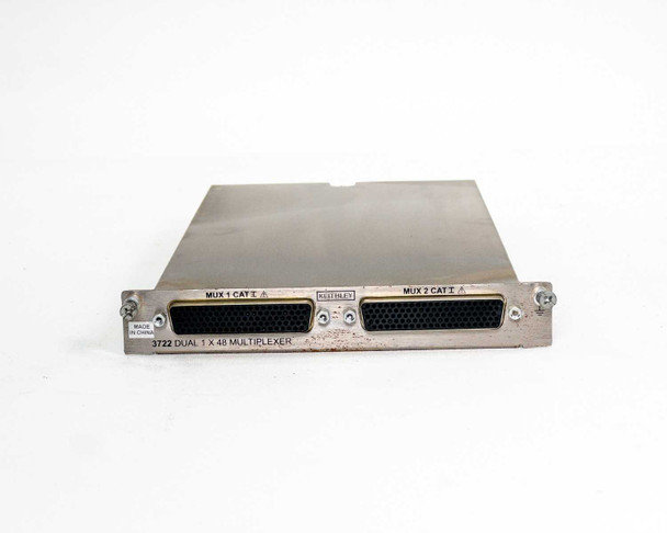 Keithley 3722 front panel — Keithley logo, MUX 1 CAT 2 and MUX 2 CAT 2 ports, Made in China label, straight-on view