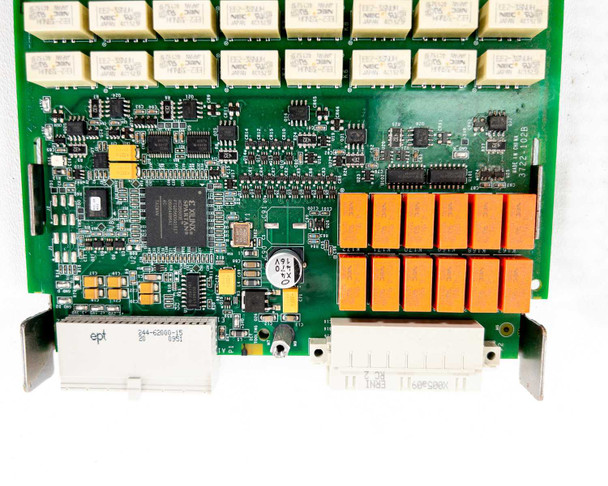 Keithley 3722 PCB close-up showing main controller IC, orange latching relays, and signal routing components