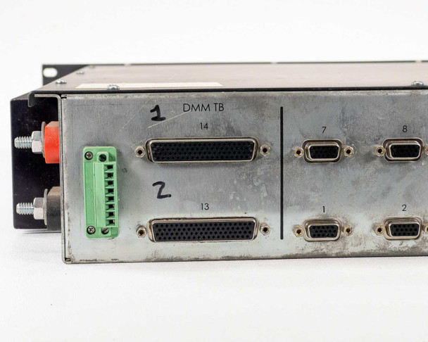 Cambrian Innovation 1012031-3-1-1 PDU – close-up of front panel DMM TB ports labeled 1 and 2 with numbered DB-style connectors and green terminal block