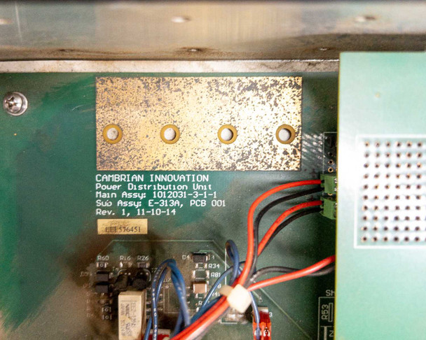 Cambrian Innovation 1012031-3-1-1 PDU – internal PCB label showing Main Assy 1012031-3-1-1, Sub Assy E-313A PCB 001, Rev. 1, dated 11-10-14
