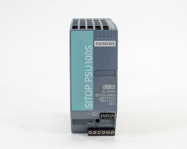 Siemens SITOP PSU100S 6EP1333-2BA20 – right side view showing output terminal block with 24V DC wiring connectors