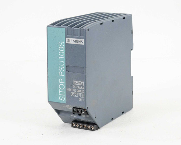 Siemens SITOP PSU100S 6EP1333-2BA20 DIN rail power supply – front left angle view showing product label and DC output terminals