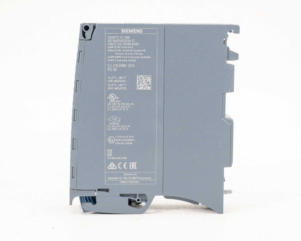 Siemens 6ES7522-1BH00-0AB0 S7-1500 DQ16 module – rear label view showing full specs, part number, date code 2015, Made in Germany
