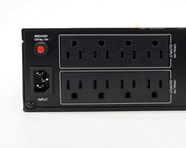 Xtreme Power Conversion V80-1500 UPS – rear panel close-up showing 8 NEMA outlets, IEC input, and 15A breaker