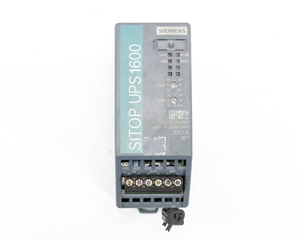 Siemens SITOP UPS1600 — top-down view showing SITOP UPS1600 label, LED status indicators, and terminal connections X1 IN, OUT, BAT