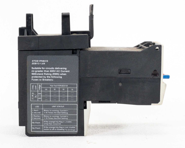 Eaton XTOE1P6BCS left-side panel showing LED unit status chart, fault withstand rating table, and 600V AC suitability notice for circuits with appropriate fuses or breakers
