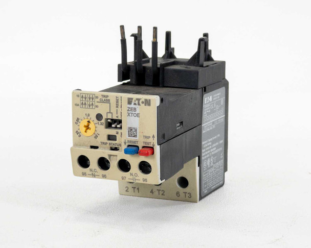 Eaton XTOE1P6BCS ZEB12-1.65 electronic overload relay – front-left three-quarter view showing front panel with trip class dial, reset button, and ZEB/XTOE labeling