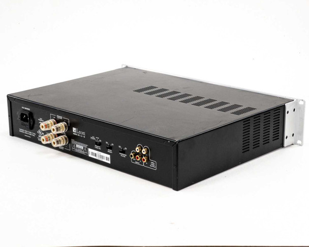 Leon L3-1K rear panel angled view from opposite side showing IEC power inlet and speaker binding posts