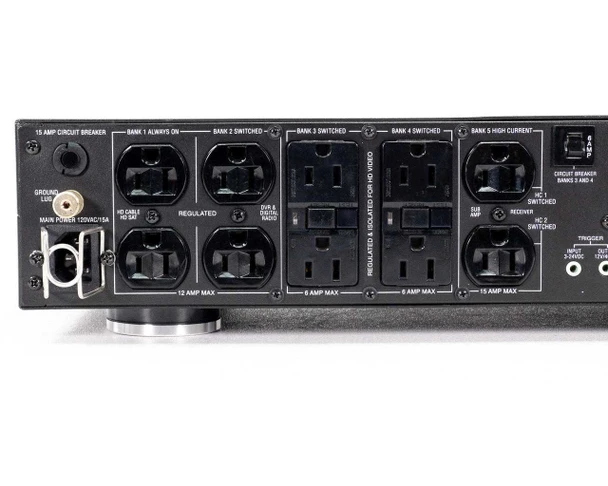 Panamax M7500-PRO — rear panel view showing 15A circuit breaker, Bank 1 Always On outlets, Bank 2 Switched outlets, Bank 3 Switched (Regulated for HD Video), Bank 4 Switched outlets, Bank 5 High Current outlets, and DC trigger jacks