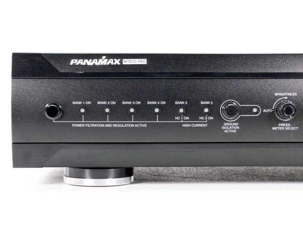 Panamax M7500-PRO — close-up of front panel controls showing Bank 1–5 ON buttons, Power Filtration and Regulation Active label, High Current section, Ground Isolation Active button, and Brightness/Meter Select knob