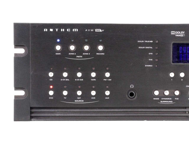 Anthem AVM 50V front panel left-section close-up showing source selector buttons, zone controls, and headphone jack