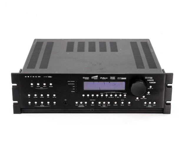 Anthem AVM 50V front panel straight-on view showing input selector buttons, LCD, and volume knob