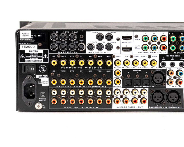 Anthem AVM 50V rear panel close-up showing composite video in/out, S-video in/out, component out, digital coaxial audio in, analog audio in/out, balanced 2-channel XLR, and IEC power inlet