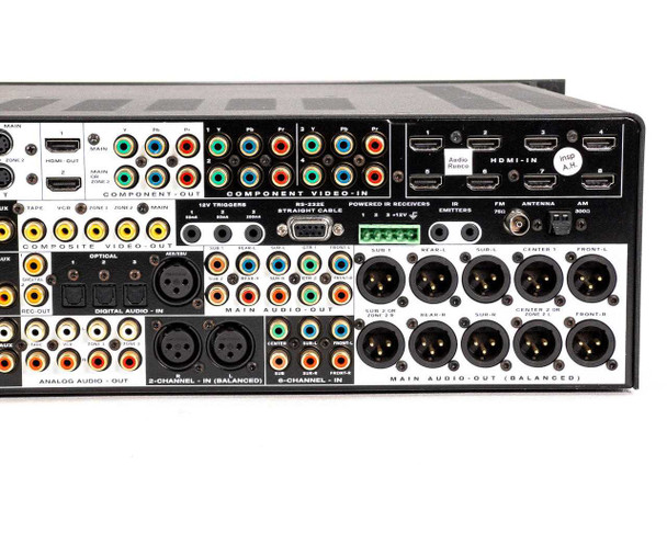 Anthem AVM 50V rear panel right-section close-up showing 8 HDMI inputs, component video in, RS-232, 12V triggers, IR emitter jacks, FM/AM antenna inputs, and balanced XLR main audio outputs