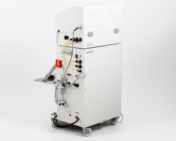 Fuji VG-400C-10W left side view showing gas tubing manifold with multiple push-connect fittings, red rapid-stop button, and pneumatic components
