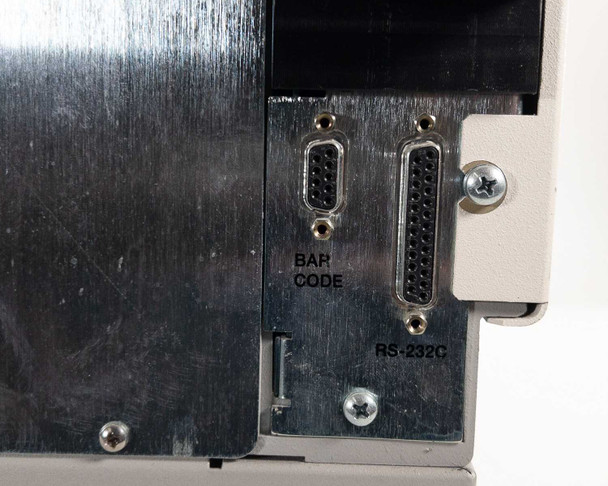 Nova Biomedical BioProfile 100 Plus – rear panel detail showing Bar Code and RS-232C DB25 port connectors on bare metal chassis