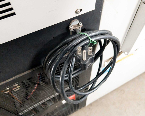 Thermo Fisher Isotemp C90-10D34 rear lower left corner – power cord coiled and secured with cable clip, compressor grille visible
