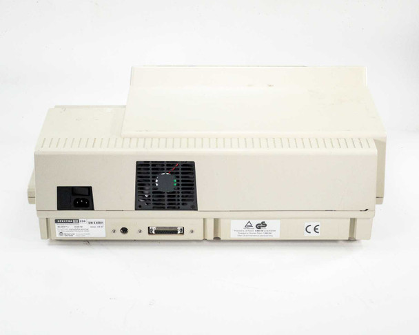 SpectraMax 250 – rear panel straight-on view showing IEC power connector, cooling fan, 25-pin D-sub port, mini-DIN port, and CE marking label