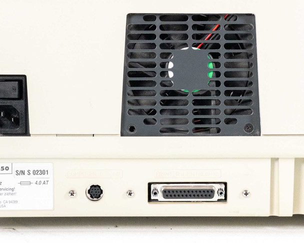 SpectraMax 250 rear panel close-up showing cooling fan, 25-pin D-sub interface port, mini-DIN port, and IEC power connector